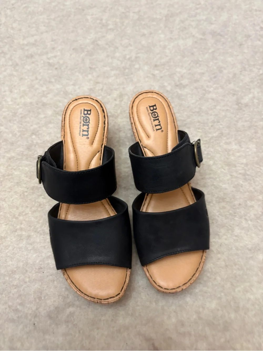 Born Black Leather Straps Slip On Cork Wedge Sandal Women’s size 9